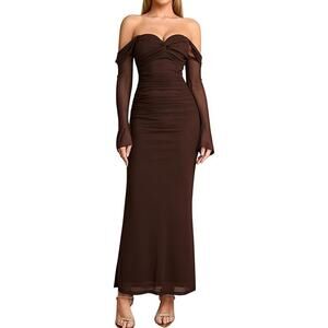 Brown Off Shoulder Sheer Mesh Ruched Etheral Dark Fairy Maxi Cocktail Dress MED